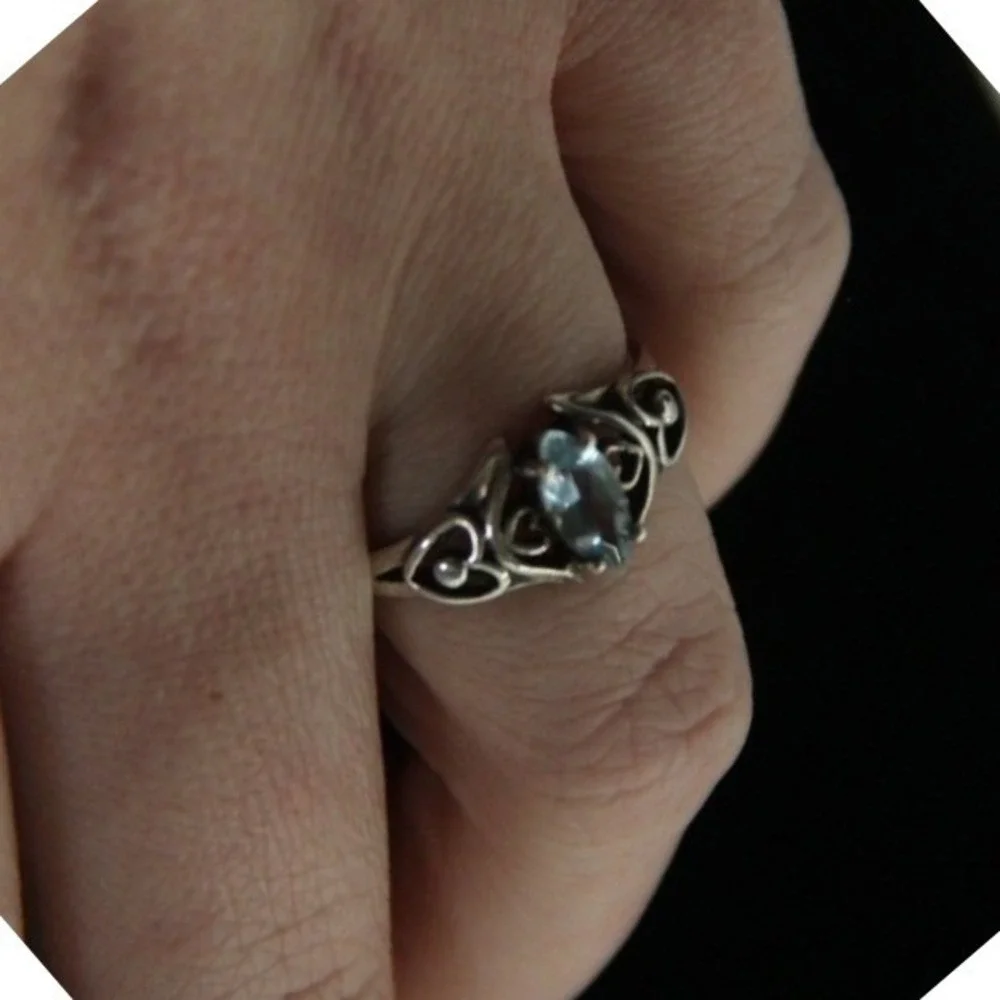 Sterling Silver 925 Blue Oval Topaz December Birthstone Ring Double Heart Size 7